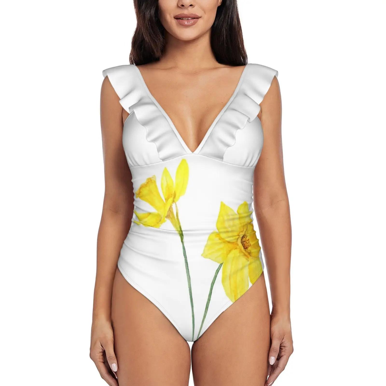 Yellow Daffodils Watercolor Painting New Print Swimwear Deep-V Ruffle Swimsuit One Piece Swimsuit Beach Wear Monokin